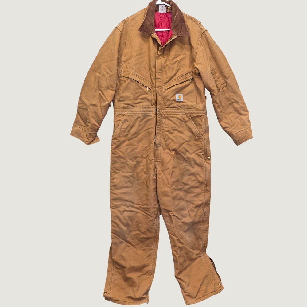 Vintage Carhartt X01 Brown Duck Quilt Lined Coveralls Made USA 46 XL Corduroy